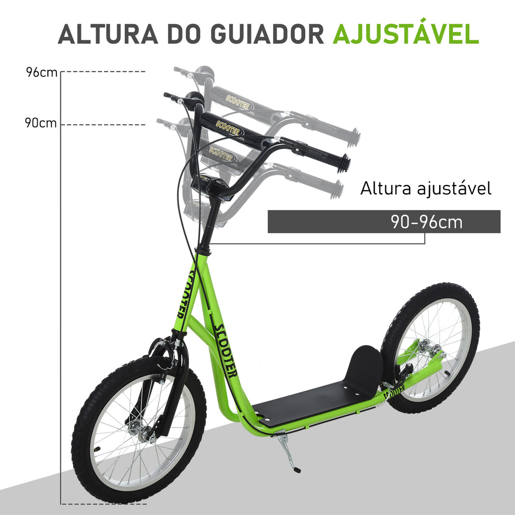 Trotinete para Crianças acima de 5 Anos e Adolescentes com Guiador Ajustável em Altura 2 Pneus de Borracha Insufláveis com Travagem Dupla e Rodas 16" Carga 100 kg 139x58x90-96 cm Verde — foto 4