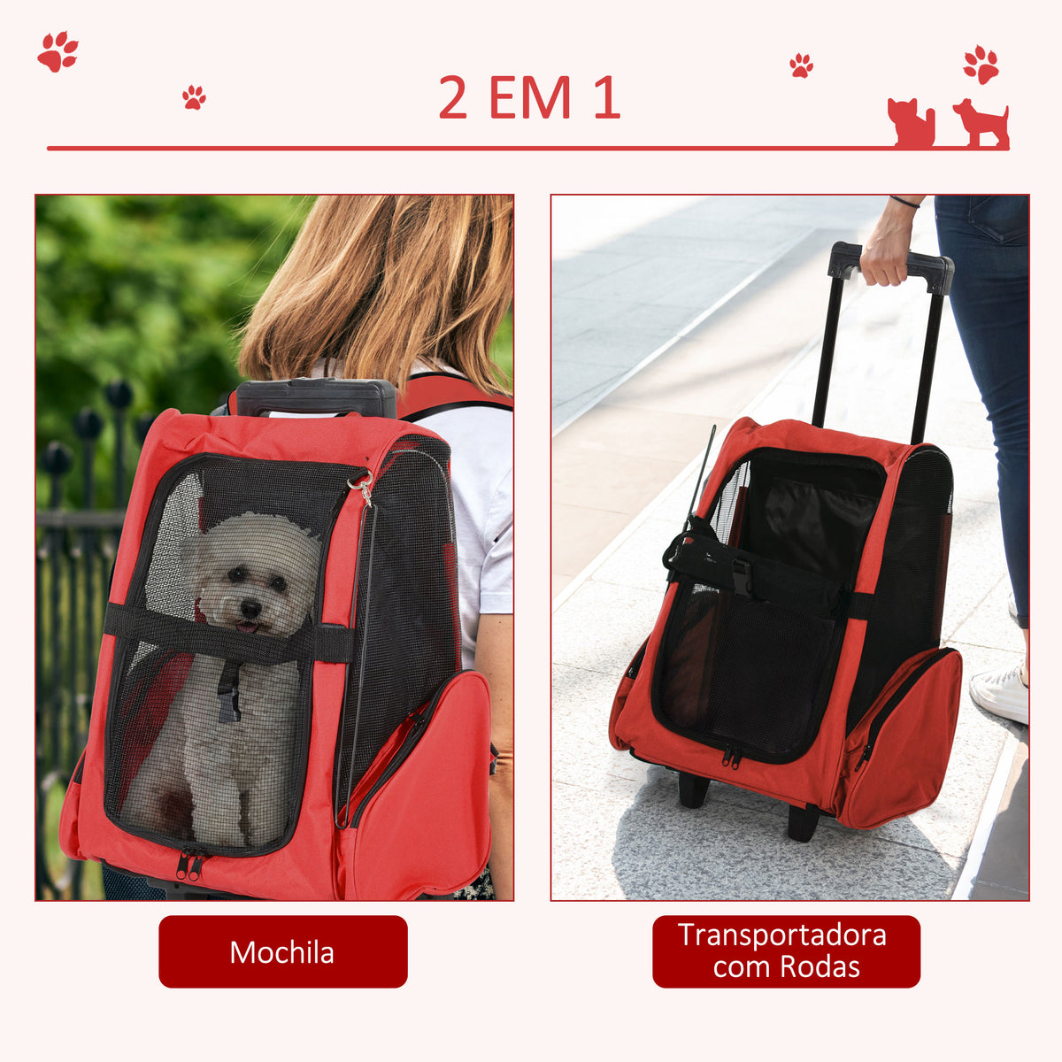 Transportadora 2 em 1 para Animais de Estimação Mochila ou Carrinho de Viagem para Cães e Gatos com 2 Rodas Alça Retrátil de Alumínio e Bolso de Armazenamento 42x25x55cm Vermelho — foto 4