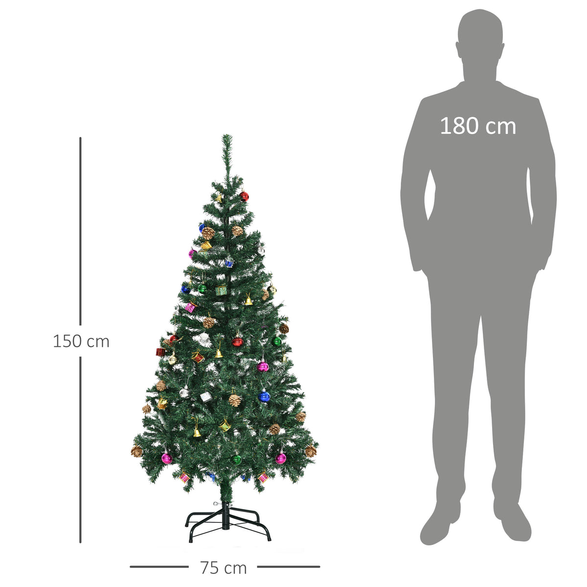 Árvore de Natal Artificial 150cm Ignífugo com 420 Ramos 48 Decorações Folhas de PVC e Suporte Metálico Decoração de Natal para Interior Verde — foto 3