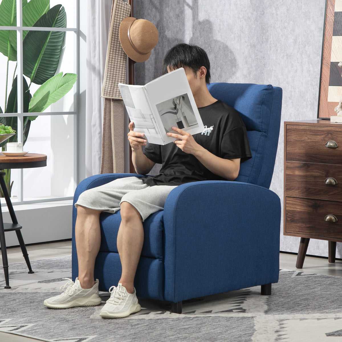 Poltrona Relax Reclinável até 155° Poltrona Reclinável Manual Estofado em Tecido Carga Máxima 150 kg para Pessoas com Altura Inferior 195 cm 67x87x98 cm Azul Escuro — foto 2