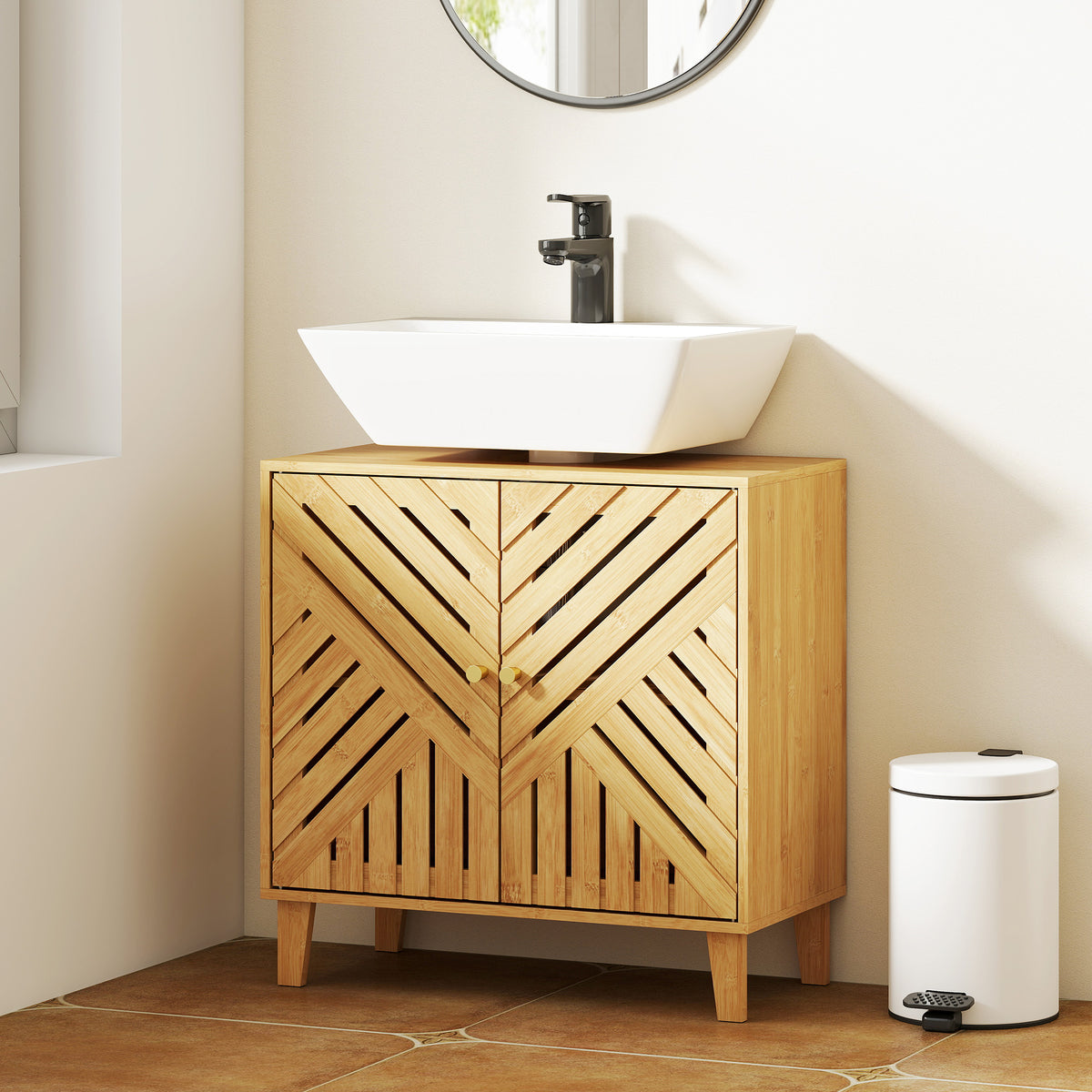 Móvel para Lavatório Pousar em Bambu Móvel de Casa de Banho com 2 Portas Ripadas e Prateleira Ajustável Armário de Casa de Banho para Lavatório sem Pedestal Estilo Nórdico 60x30x60 cm Madeira — foto 2