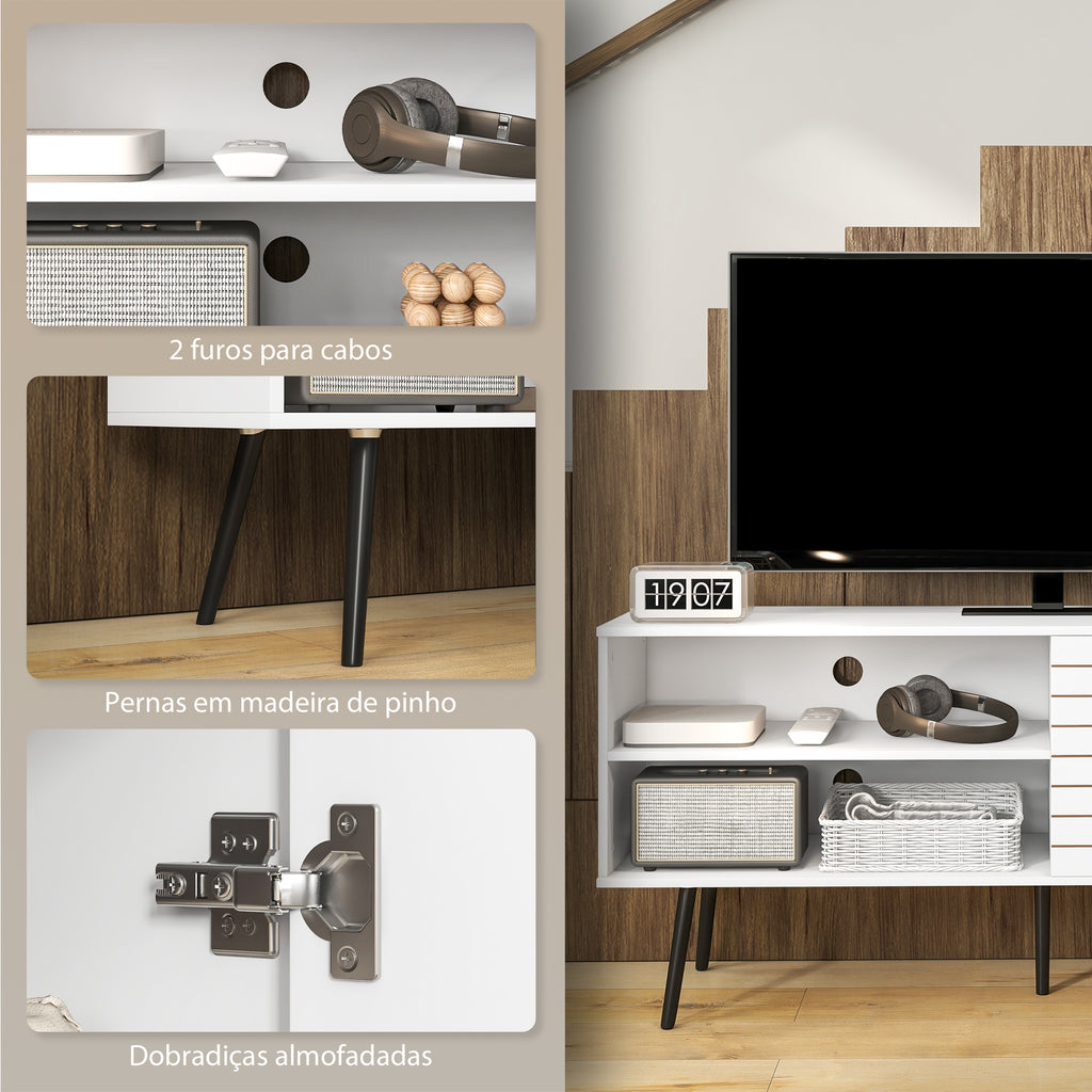 Móvel de TV para Televisores de até 65 Polegadas Móvel de TV para Sala com 2 Prateleiras Abertas 1 Armário com Portas e Orifícios para Cabos 145x38x65 cm Estilo Moderno Branco — foto 6
