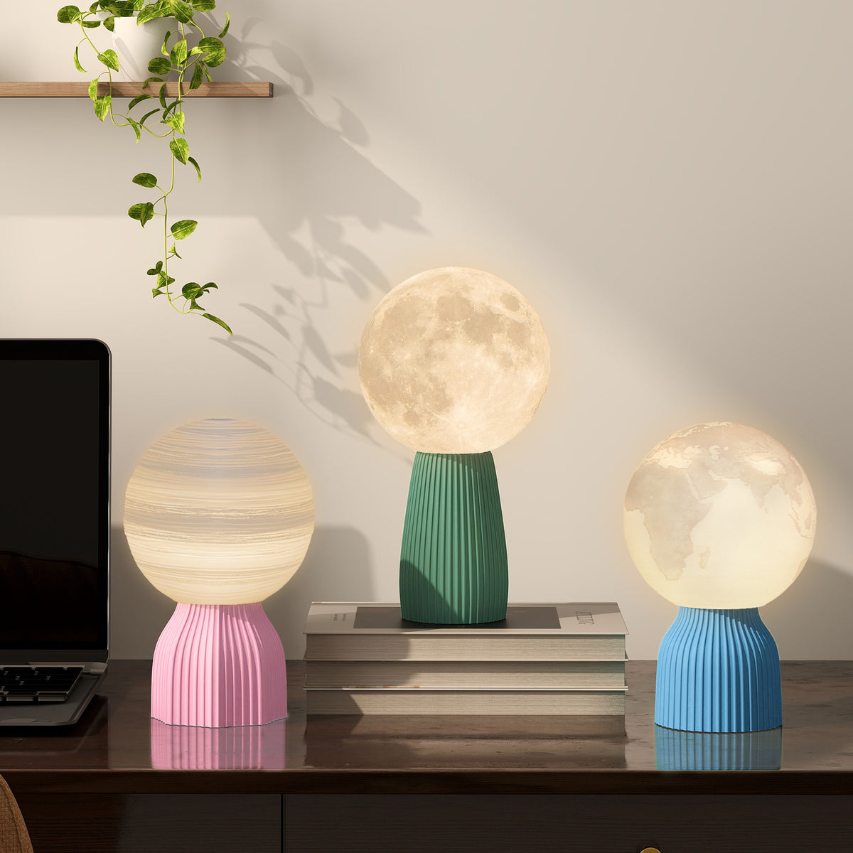 Conjunto de 3 Candeeiros de Mesa de Cabeceira 3D Candeeiros de Mesa com 3 Cores Brilho Ajustável em 10 Níveis Conexão USB para Casa Escritório Quarto Branco — foto 2