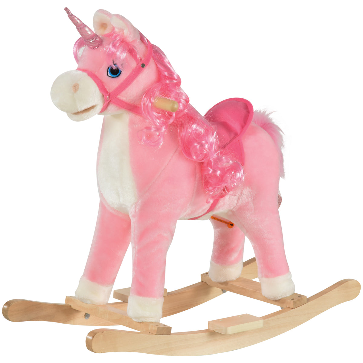 Cavalo de balanço para bebê acima de 36 meses com forma de unicórnio Agradável com sons engraçados de música Almofada macia Apoio para os pés 74x33x62 cm Rosa — foto 1