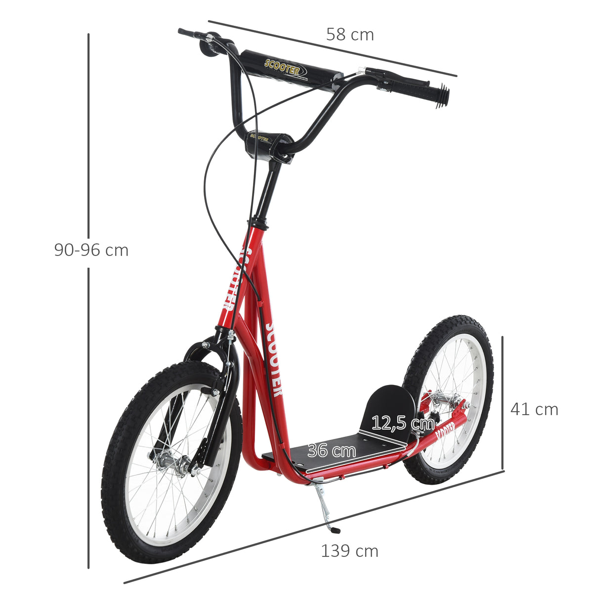Trotinete para Crianças acima de 5 Anos e Adolescentes com Guiador Ajustável em Altura 2 Pneus de Borracha Insufláveis com Travagem Dupla e Rodas 16" Carga 100 kg 139x58x90-96 cm Vermelho — foto 3