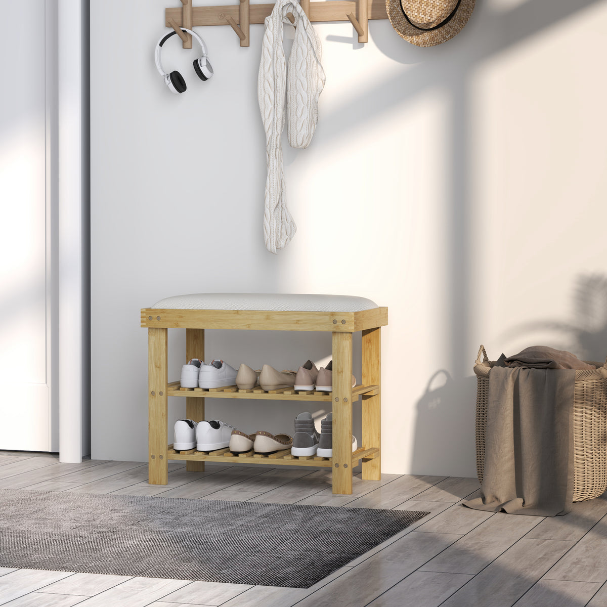 Banco Sapateira de Bambu Sapateira com Assento Almofadado 2 Prateleiras para 6 Pares de Sapatos para Entrada Dormitório 60x29x49 cm Madeira e Creme — foto 7