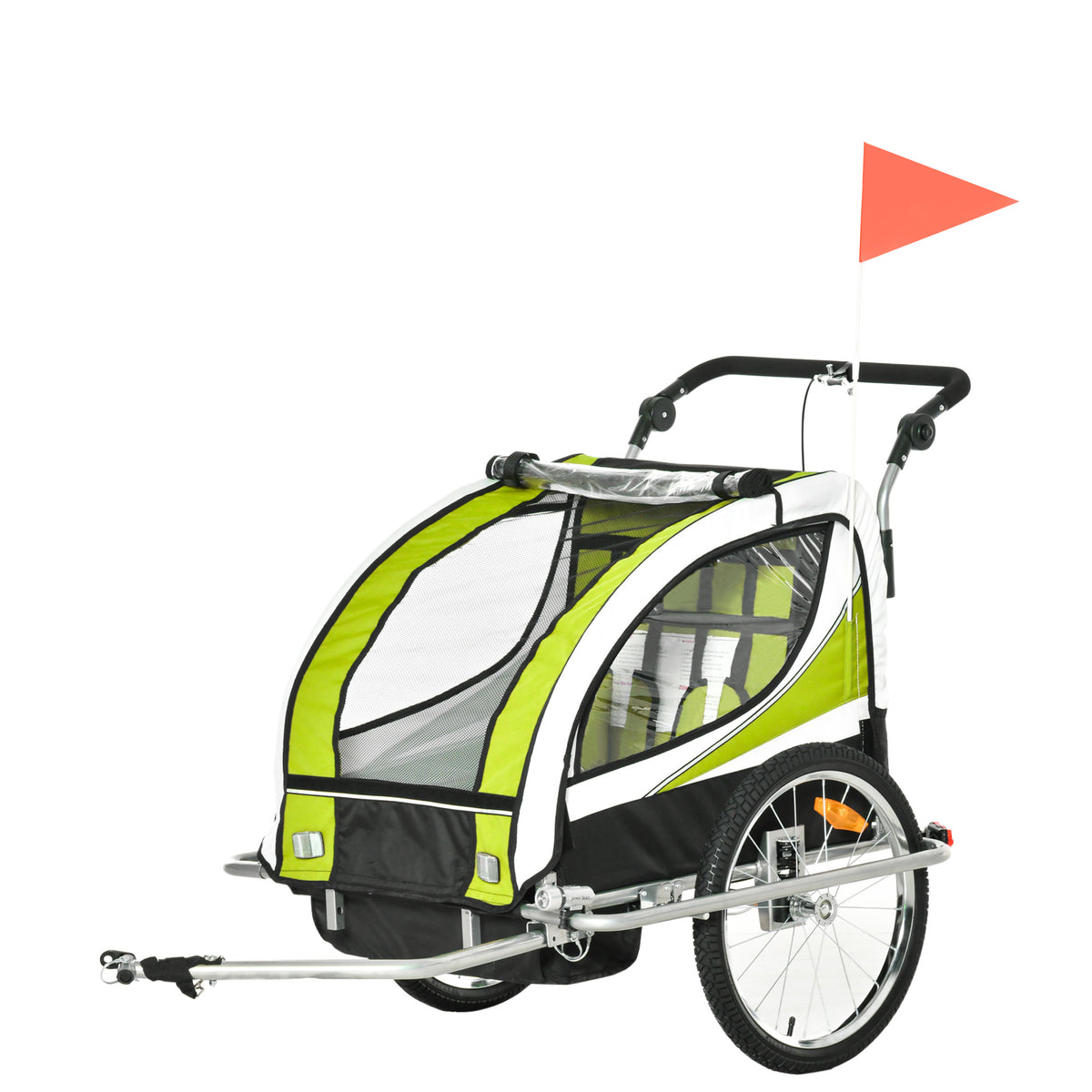 Reboque de Bicicleta para Crianças 2 em 1 com 2 Lugares Convertível em Carrinho de Passeio com Roda Dianteira Giratória a 360° Verde — foto 1