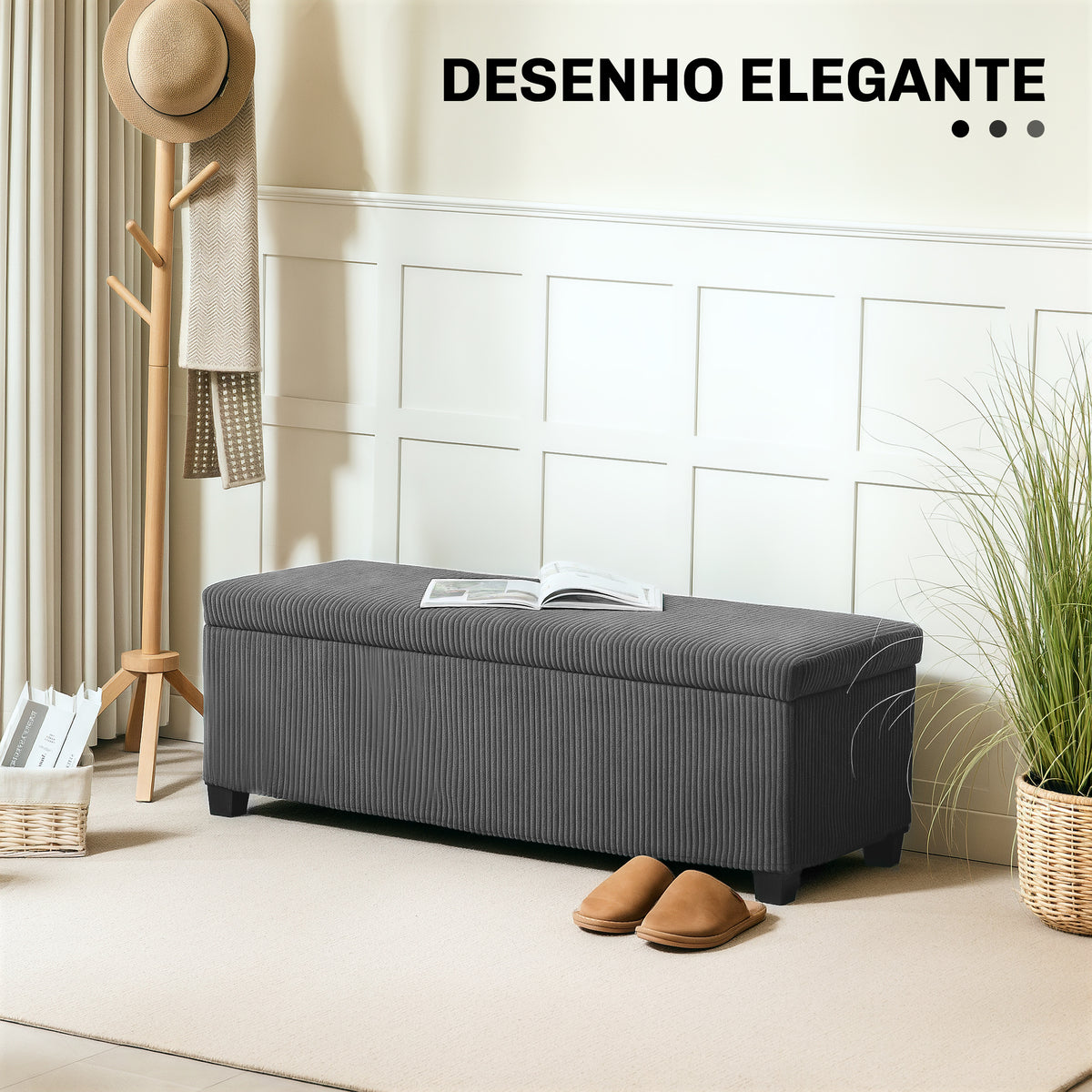 Banco de Arrumação Banco com Armazenamento Capacidade de 84 L 112x42x40 cm Estofado em Veludo Banco Pé de Cama para Dormitório Cinzento — foto 4