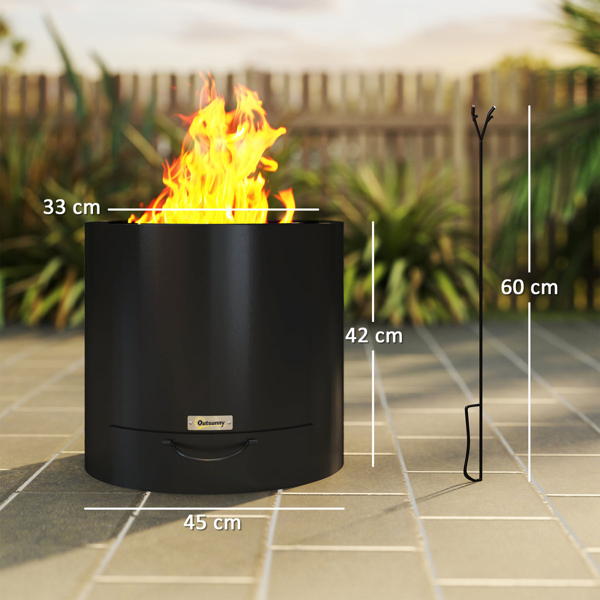 Braseiro Exterior Redondo Ø45x42 cm de Aço Braseiro de Jardim com Bandeja para Cinzas e Atizador Protetor de Faíscas para Parque de Campismo Pátio Preto — foto 3