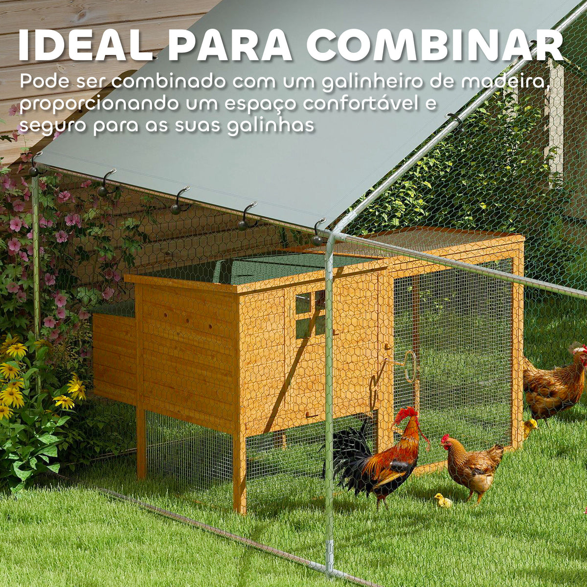Galinheiro para Exterior 3x3,4x1,9 m Galinheiro de Aço Galvanizado com Cobertura Anti-UV e Impermeável Gaiola para 10-15 Galinhas Prata — foto 5