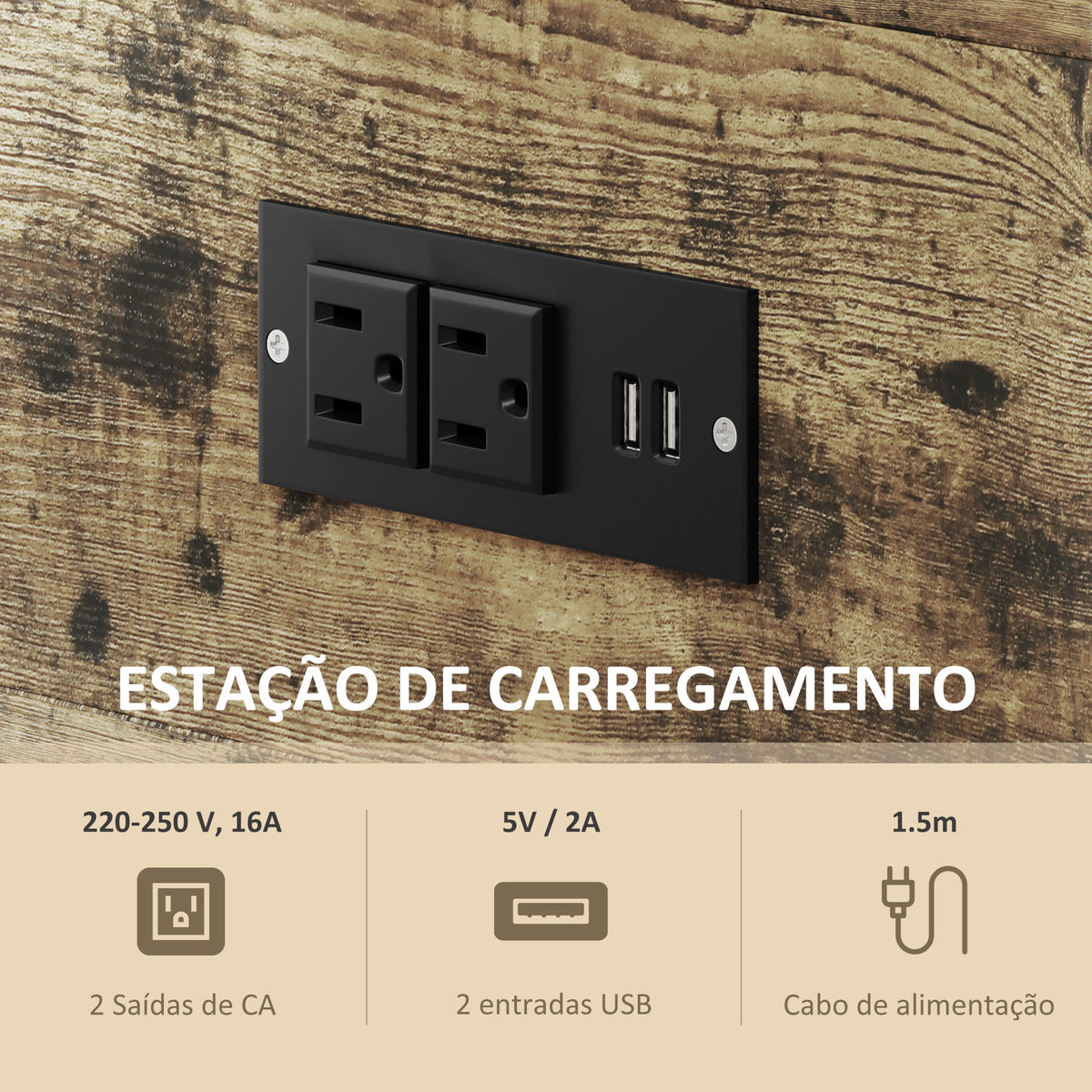 Mesa Auxiliar com Estação de Carga Mesinha Auxiliar Industrial com Gaveta e Prateleiras Abertas Mesa Auxiliar para Sala de Estar Dormitório 60x30x66,5 cm Castanho Rústico — foto 4