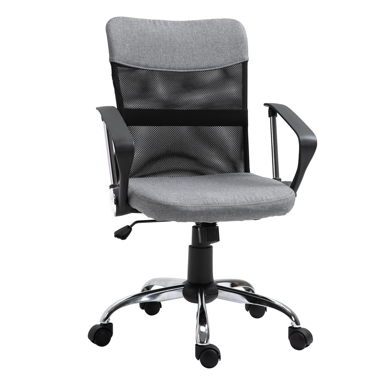 Cadeira ergonômica giratória de escritório com assento ajustável em altura, apoios de braço e rodas 57x57x93-103 cm Preto e cinza — foto 1
