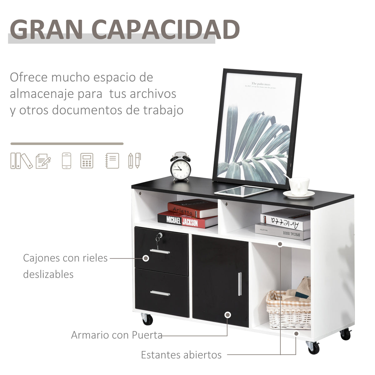 Móvel Auxiliar de Escritório Móvel Arquivador com Rodas Prateleiras Gaveta e Armário Multiuso com Grande Armazenamento 100x35x65cm Preto — foto 4