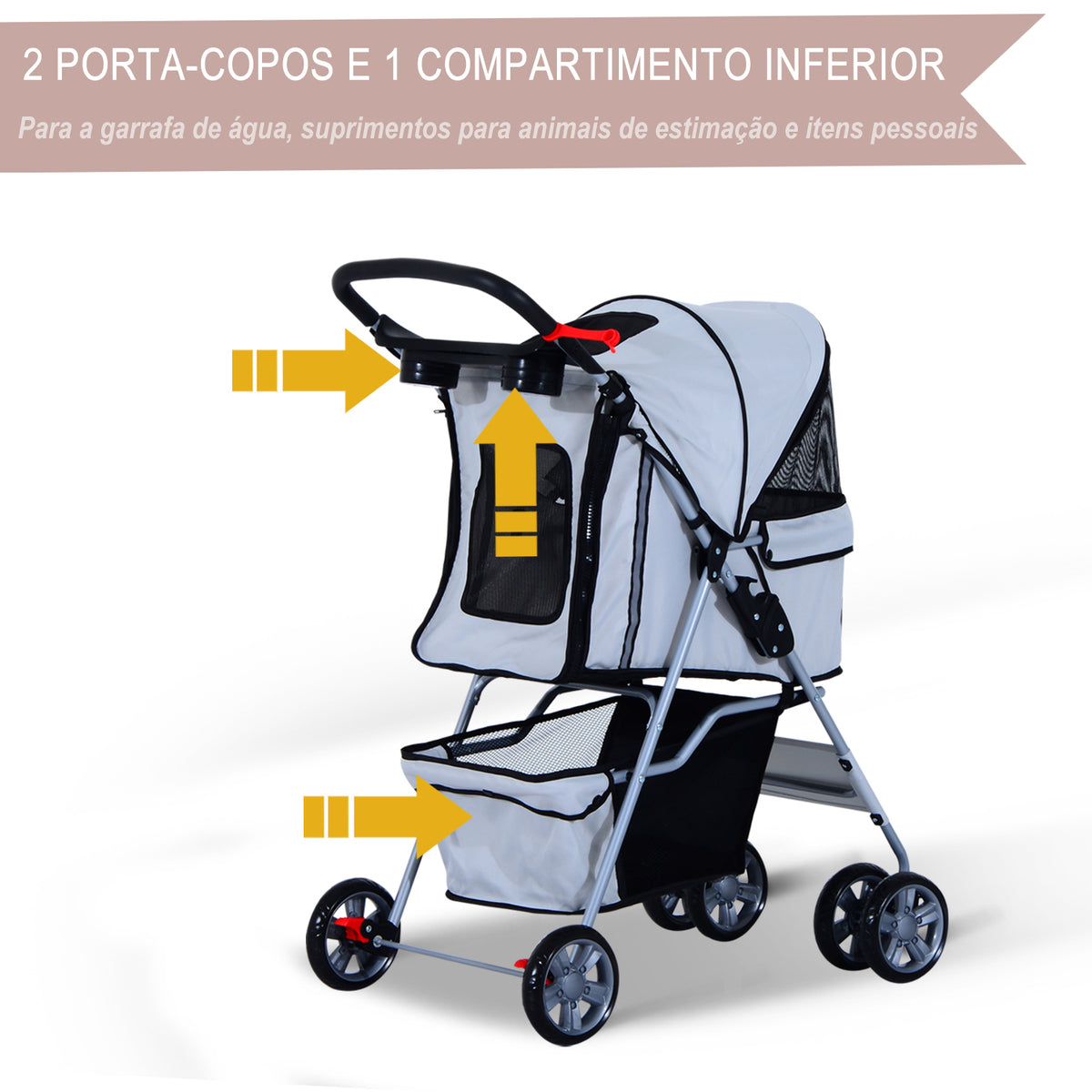 Carrinho para Cães Dobrável, Carrinho para Cães Pequenos com Cesta de Armazenamento, Janelas de Malha, Suportes para Copos, Rodas de EVA, Almofada Lavável, Travões, Carga 10 kg, 75x45x97 cm, Cinzento — foto 5