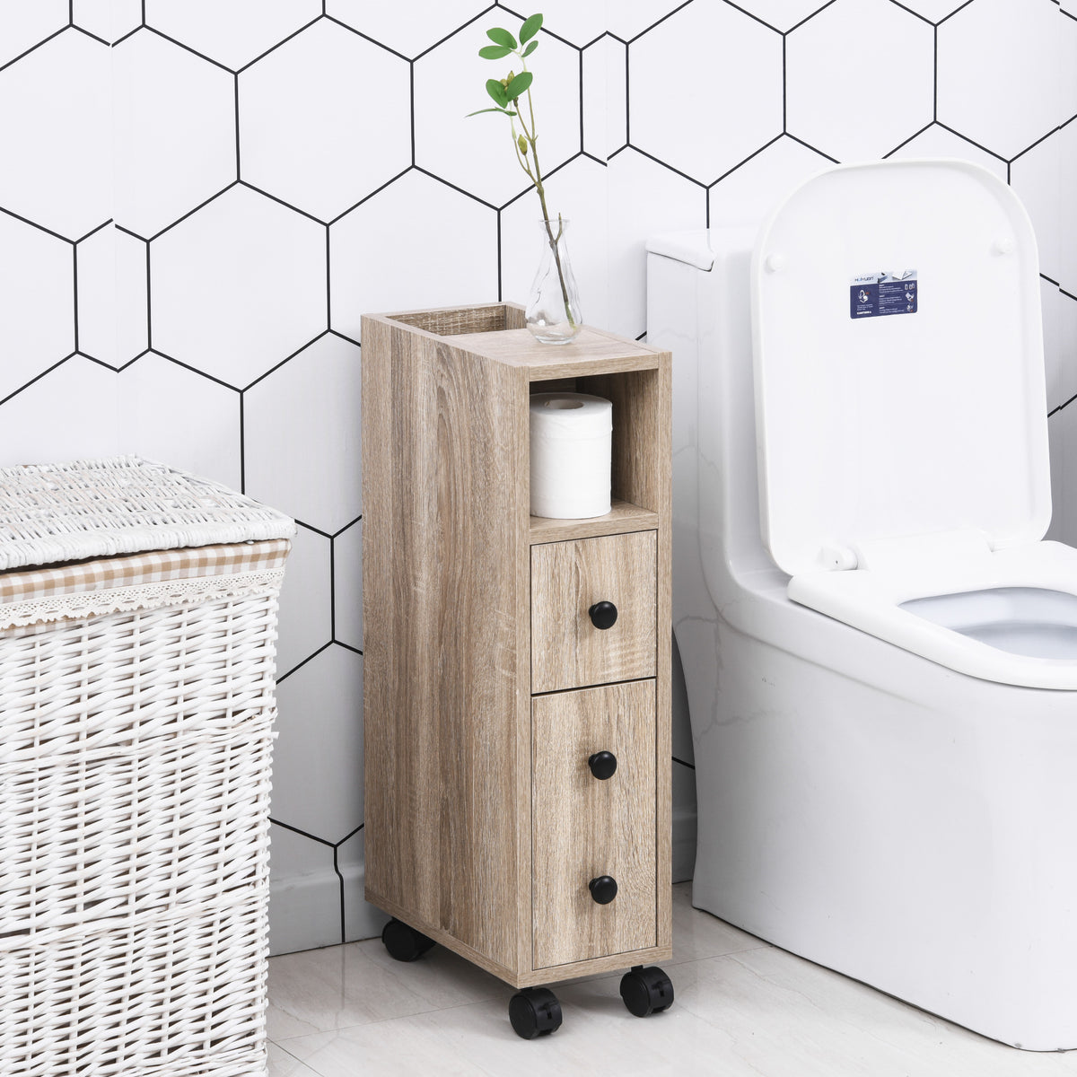 Armário de Casa de Banho Móvel Auxiliar para Espaço Reduzido com Rodas Prateleiras Abertas Armário e Gaveta 18x30x68,5 cm Madeira — foto 2