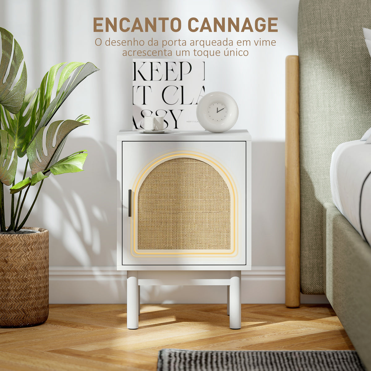 Mesa de Cabeceira Mesa de Cabeceira com Porta de Vime Prateleira Ajustável e Pés de Madeira Estilo Boémio Mesa Auxiliar para Sala de Estar Quarto 40x35x58 cm Branco — foto 5
