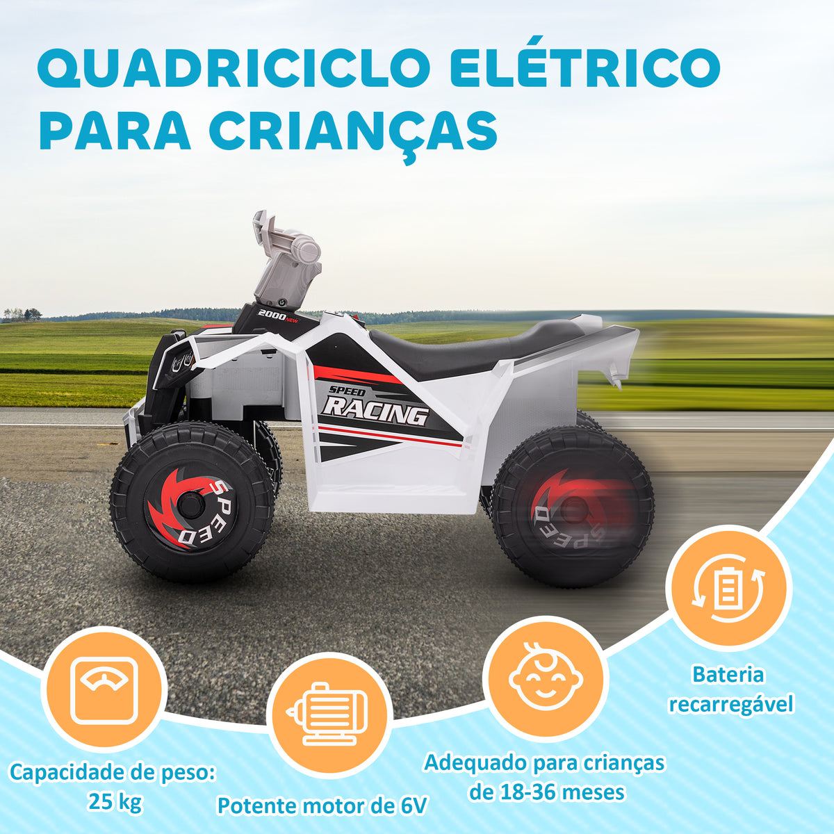 Quadriciclo Elétrico para Crianças 18-36 Meses Veículo Elétrico a Bateria de 6V com Velocidade 2,5 km/h Avanço e Marcha Atrás 70x41,5x48,5 cm Branco — foto 6