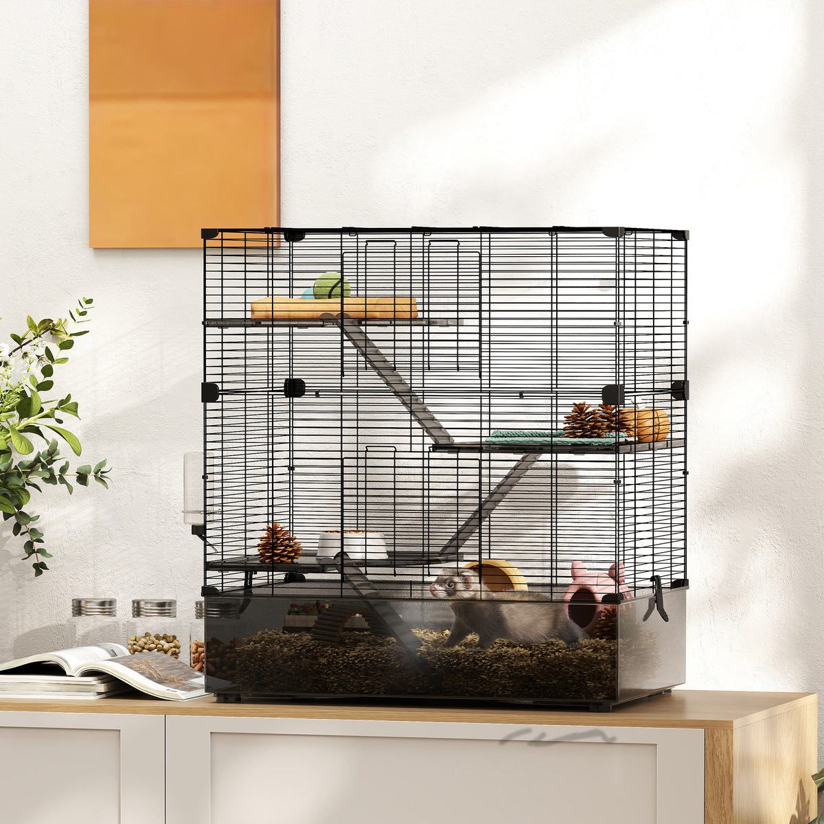 Gaiola para Pequenos Animais de 4 Níveis com Bandeja Inferior Gaiola para Roedores com Rampas Comedouro e Bebedouro Recinto para Chinchilas 73x47x80 cm Preto — foto 2