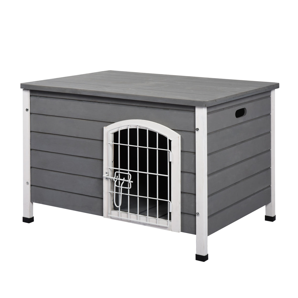 Casa para Cães de Madeira Gaiola para Animais de Estimação com Porta de Arame com Fechadura e Alças Ocas Laterais para Interior e Exterior 80x55x53,5cm Cinza — foto 1