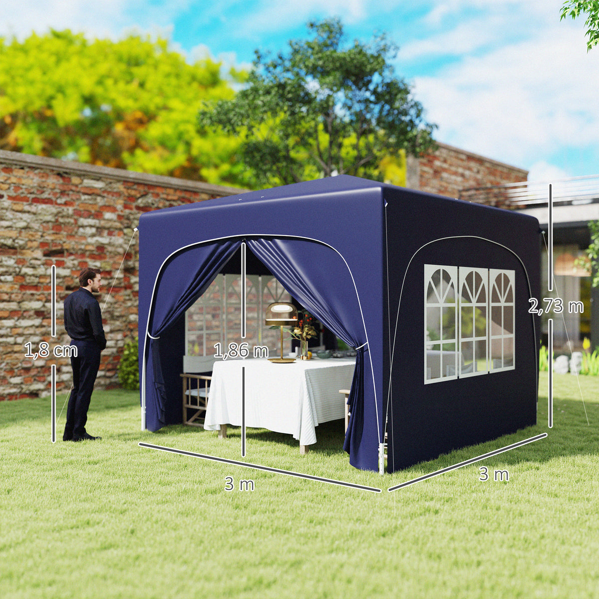 Tenda Dobrável Tenda 3x3 m com Painéis Laterais UPF50+ Tenda de Jardim com Altura Ajustável e Bolsa de Transporte para Campismo Festas Pátio Azul Escuro — foto 3