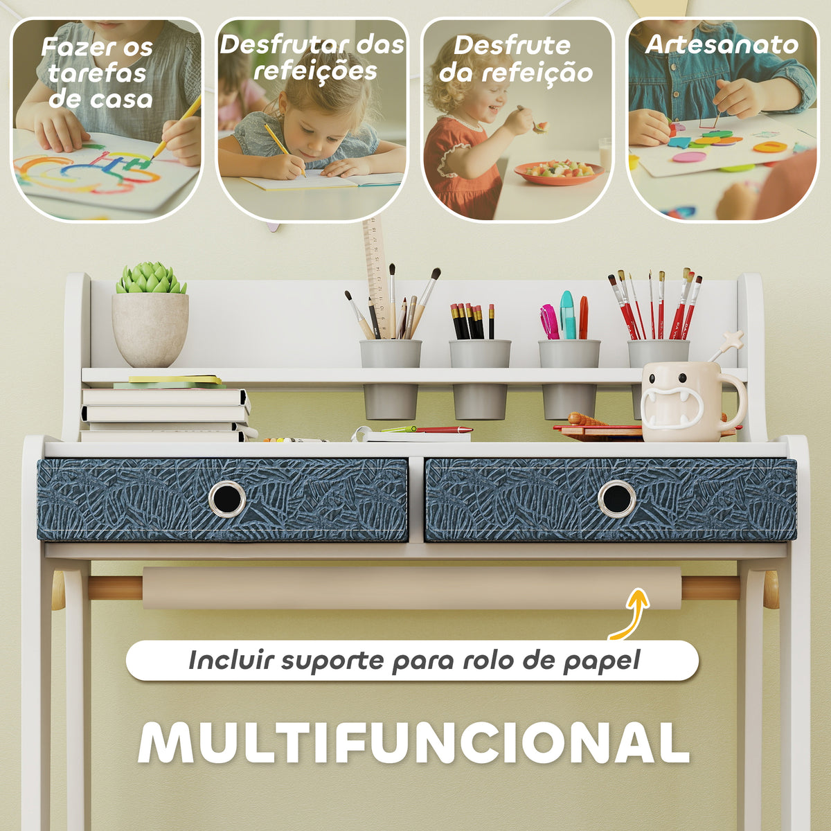Secretária Infantil com Cadeira Secretária para Crianças com 2 Gavetas Extraíveis Estante e Porta-Copos para Estudar Ler e Desenhar Mesa para Crianças para Quarto Sala de Estudo Branco — foto 4
