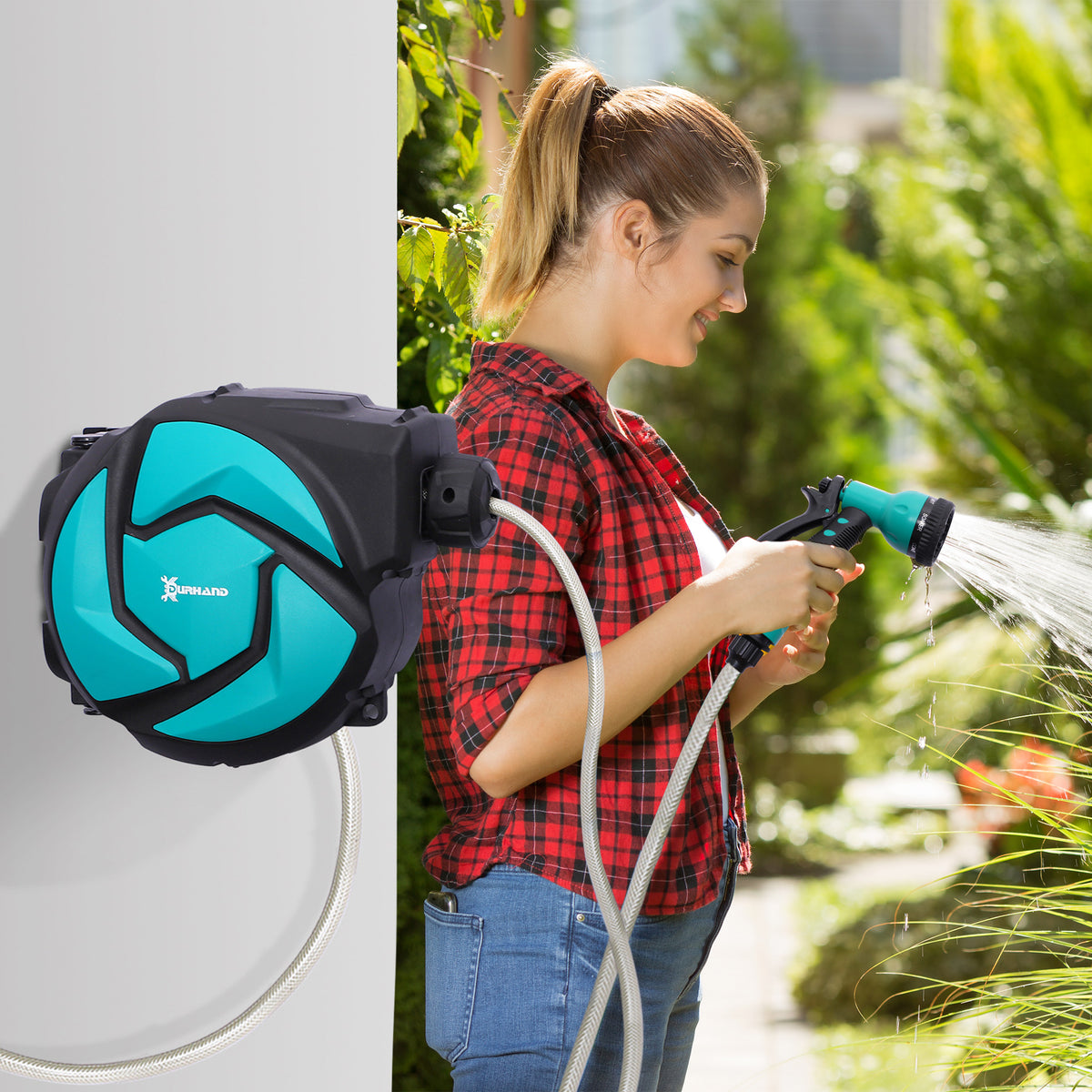 Carretel para Mangueira Retrátil de Irrigação 10m + 1m Sistema Automático de Carretel com Trava 29,5x16,5x33 cm Preto e Verde — foto 2
