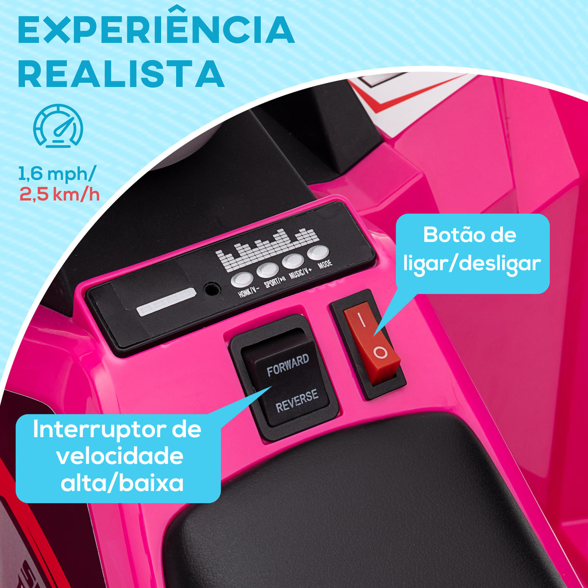 Quadriciclo Elétrico para Crianças 18-36 Meses Veículo Elétrico a Bateria de 6V com Velocidade 2,5 km/h Avanço e Marcha Atrás 70x41,5x48,5 cm Rosa — foto 4