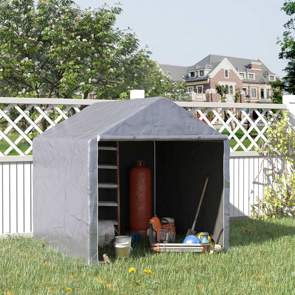 Tenda para Ferramentas Bicicletas e Motas 2x2x1,95 m Garagem Portátil com 1 Porta com Fecho de Correr 1 Cobertura de PE Impermeável Anti-UV e Estrutura de Aço Cinza — foto 2