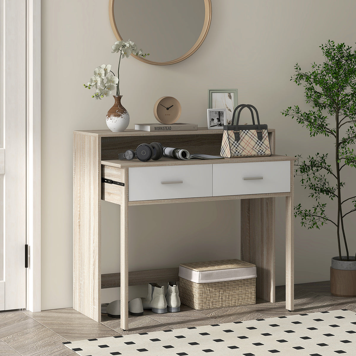 Mesa Consola Moderna de Entrada de 2 Níveis com Trilhos Deslizantes 2 Gavetas 2 Rodas Anti-Tombo Móvel de Entrada para Sala de Estar Corredor 95x35x87 cm Madeira e Branco — foto 2