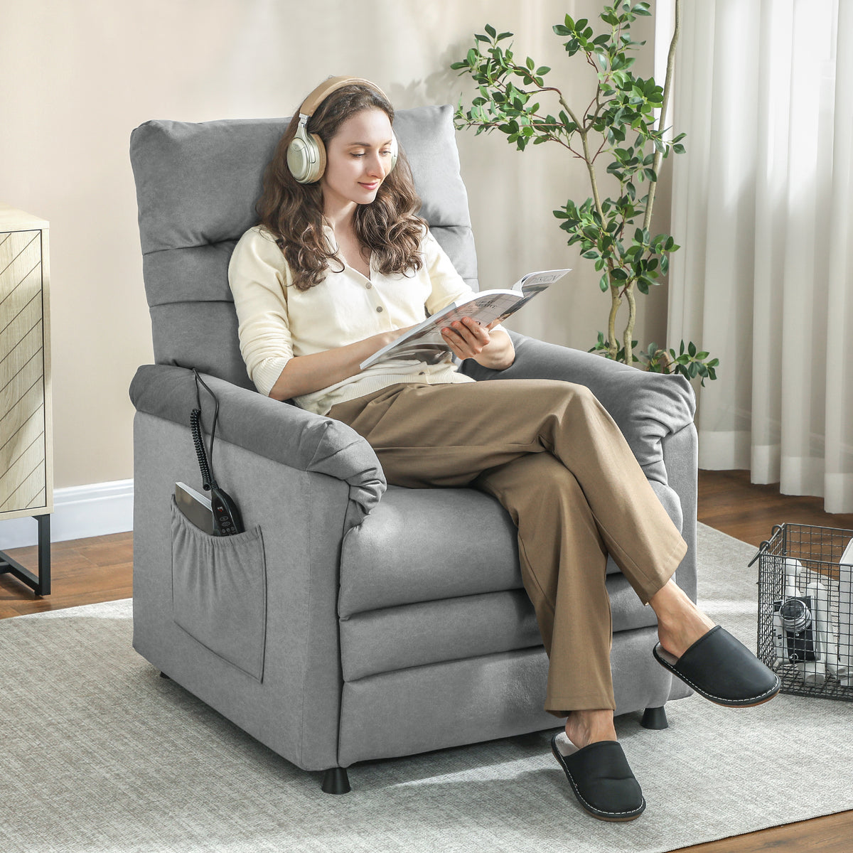 Poltrona de Massagem com Aquecimento Lombar e Massagem por Vibração Poltrona Relax Reclinável Elétrica Motor Silencioso Função de Memória Bolsos Laterais e Controlo Remoto 82x99x106 cm Cinzento — foto 2