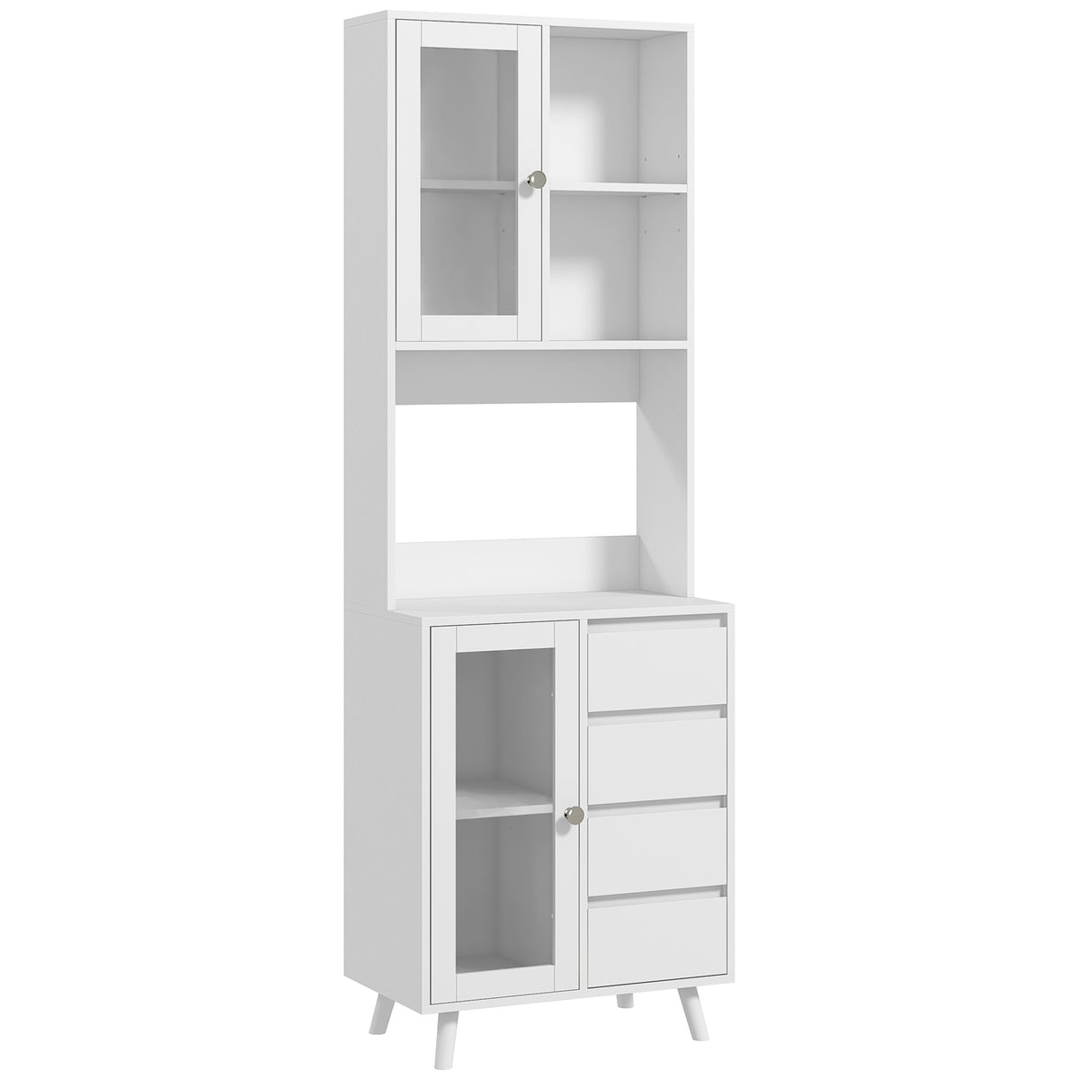 Armário de Cozinha com 2 Armários com Portas de Vidro Temperado 2 Compartimentos Abertos 4 Gavetas e Prateleiras Ajustáveis 60x35x180 cm Branco — foto 1