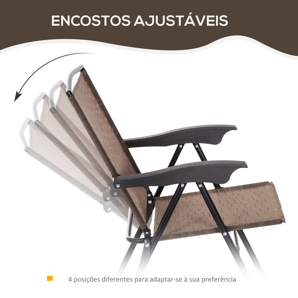 Conjunto de Mesa e 2 Cadeiras Cadeira Dobrável Encosto Reclináveis a 4 Níveis Armação de Aço Marrom — foto 4