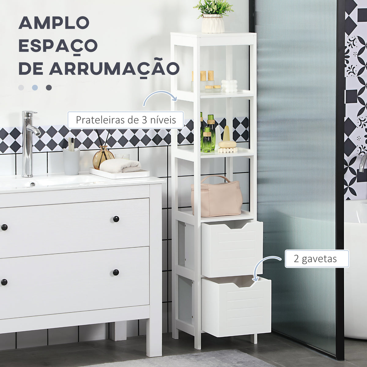 Armário de banheiro alto Multiuso Armário da coluna 3 prateleiras abertas e 2 gavetas de armazenamento 30x30x144 cm Branco — foto 4