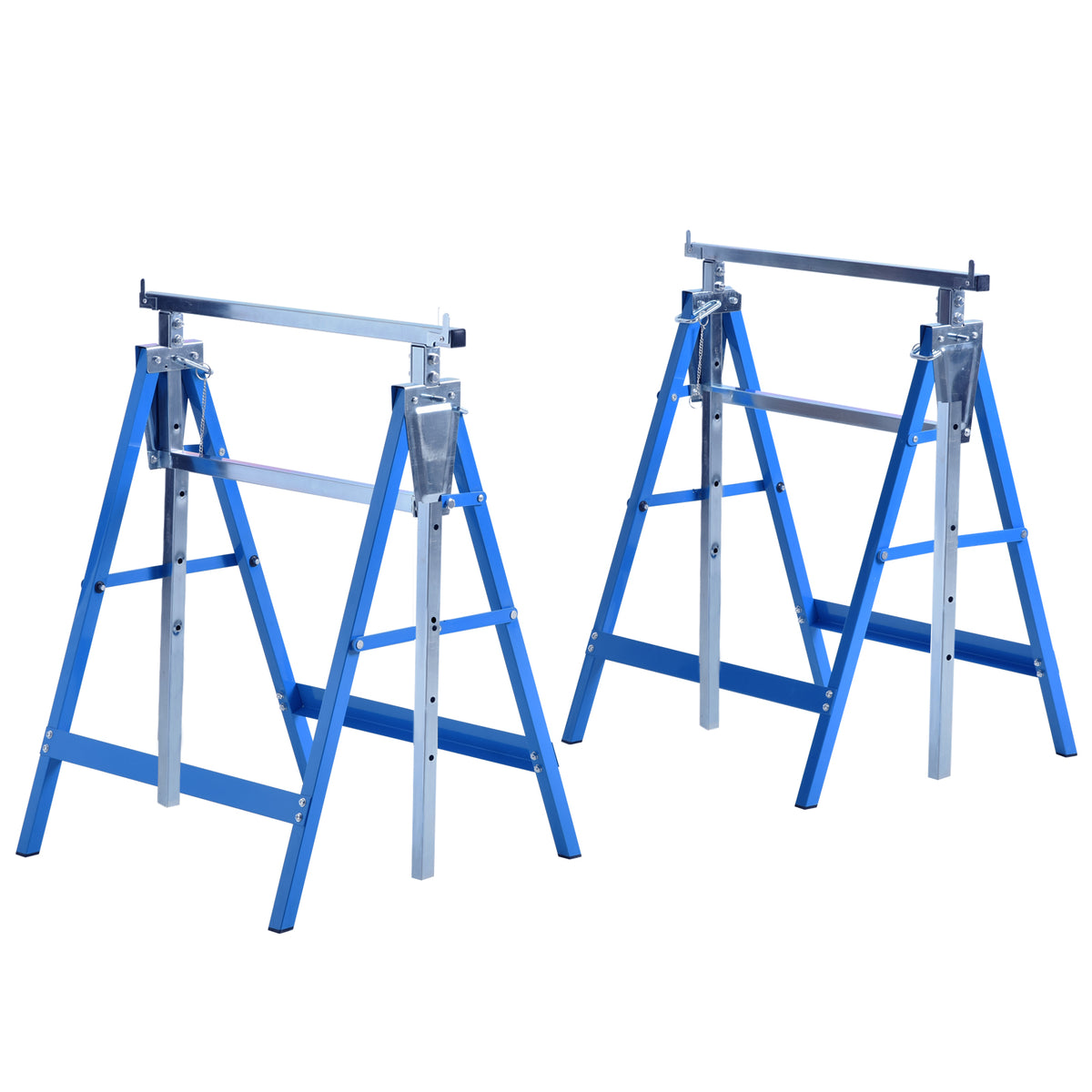 Conjunto de 2 Cavaletes Telescópicos Dobráveis com Altura Ajustável Cavaletes de Serra de Aço para Mesa de Trabalho Carga 200kg 68x58x80-130cm Azul e Prata — foto 1