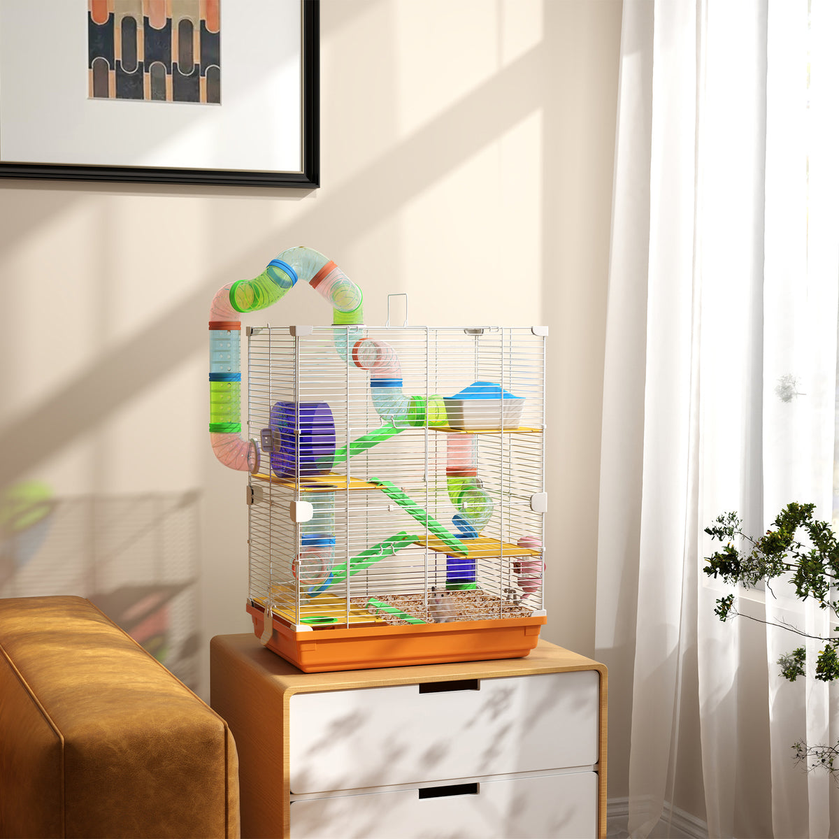 Jaula para Hamster de 5 Níveis, Casa para Roedores Pequenos com Túnel, Plataformas, Tigela, Bebedouro, Casinha, Rampas e Roda de Exercício, para Gerbos, 46x30x58 cm, Laranja — foto 2