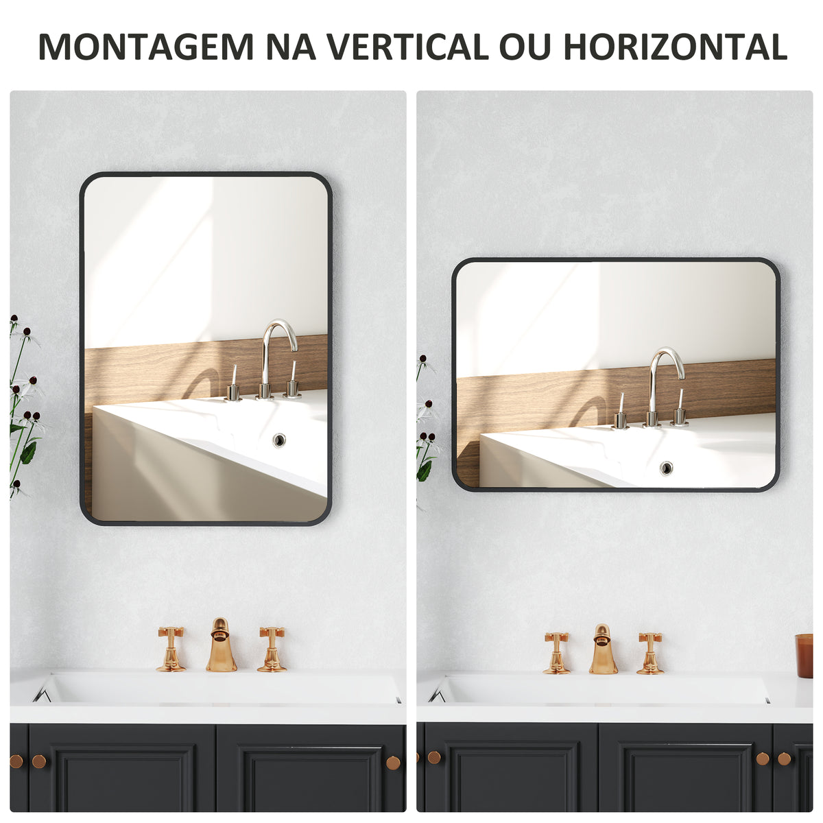 Espelho Casa de Banho 50x70 cm Espelho Retangular Espelho de Parede com Estrutura de Metal Vertical e Horizontal para Entrada Sala de Estar Preto — foto 4