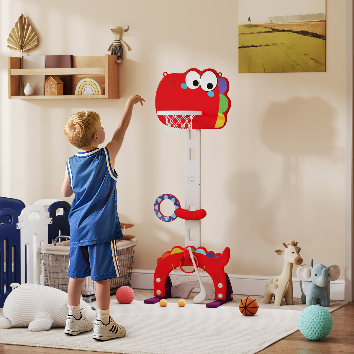 Tabela de Basquetebol Infantil 5 em 1 Tabela de Bssquetebol para Crianças com Altura Ajustável Futebol Golf Aros Jogo de Lançamento de Bola Interior 46x51x134-152 cm Vermelho — foto 2
