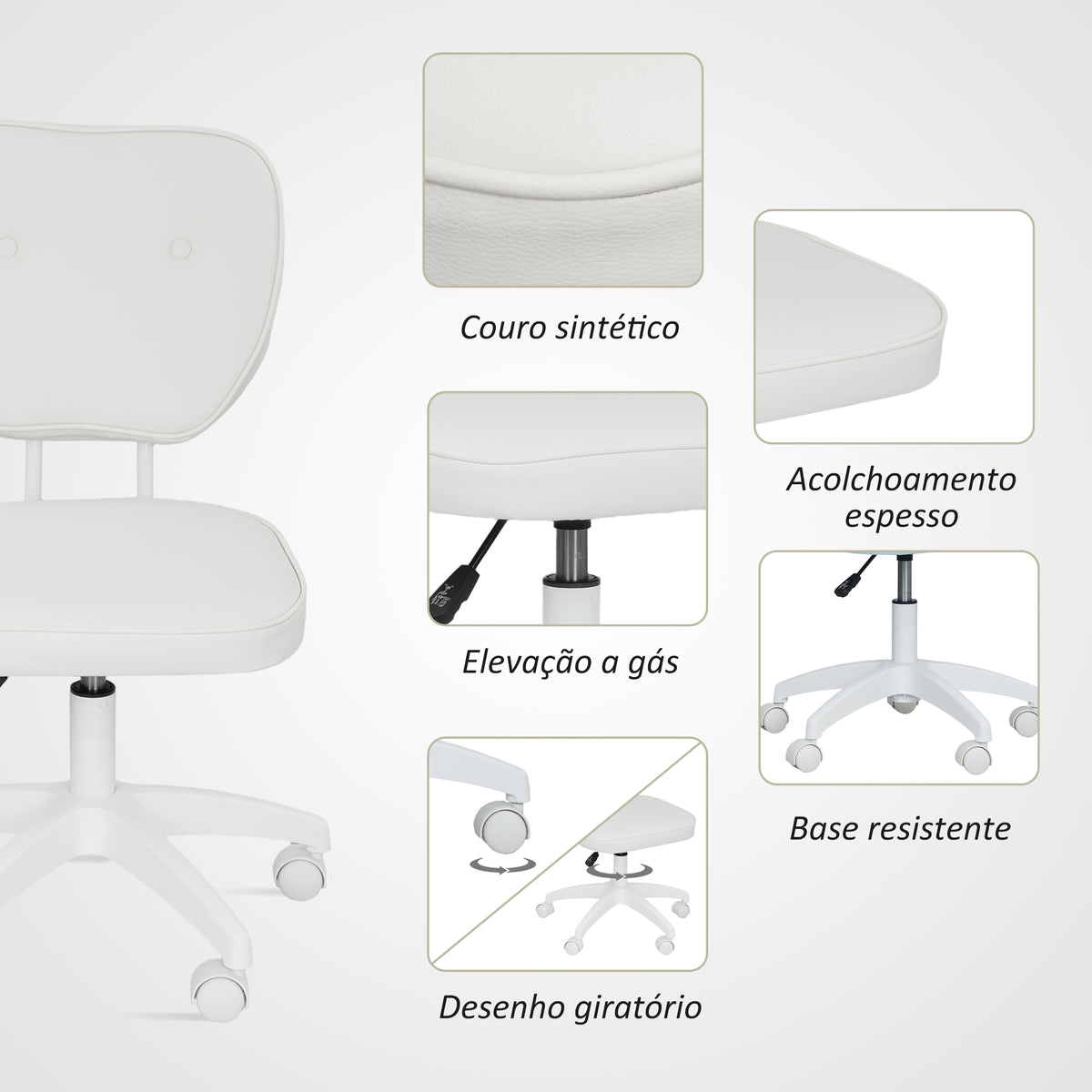 Cadeira de Escritório Estofada em PU Cadeira de Escritório Giratória com Altura Ajustável Sem Braços Carga 120 kg Cadeira de Estudo Dormitório 46x59x82-92 cm Branco — foto 5