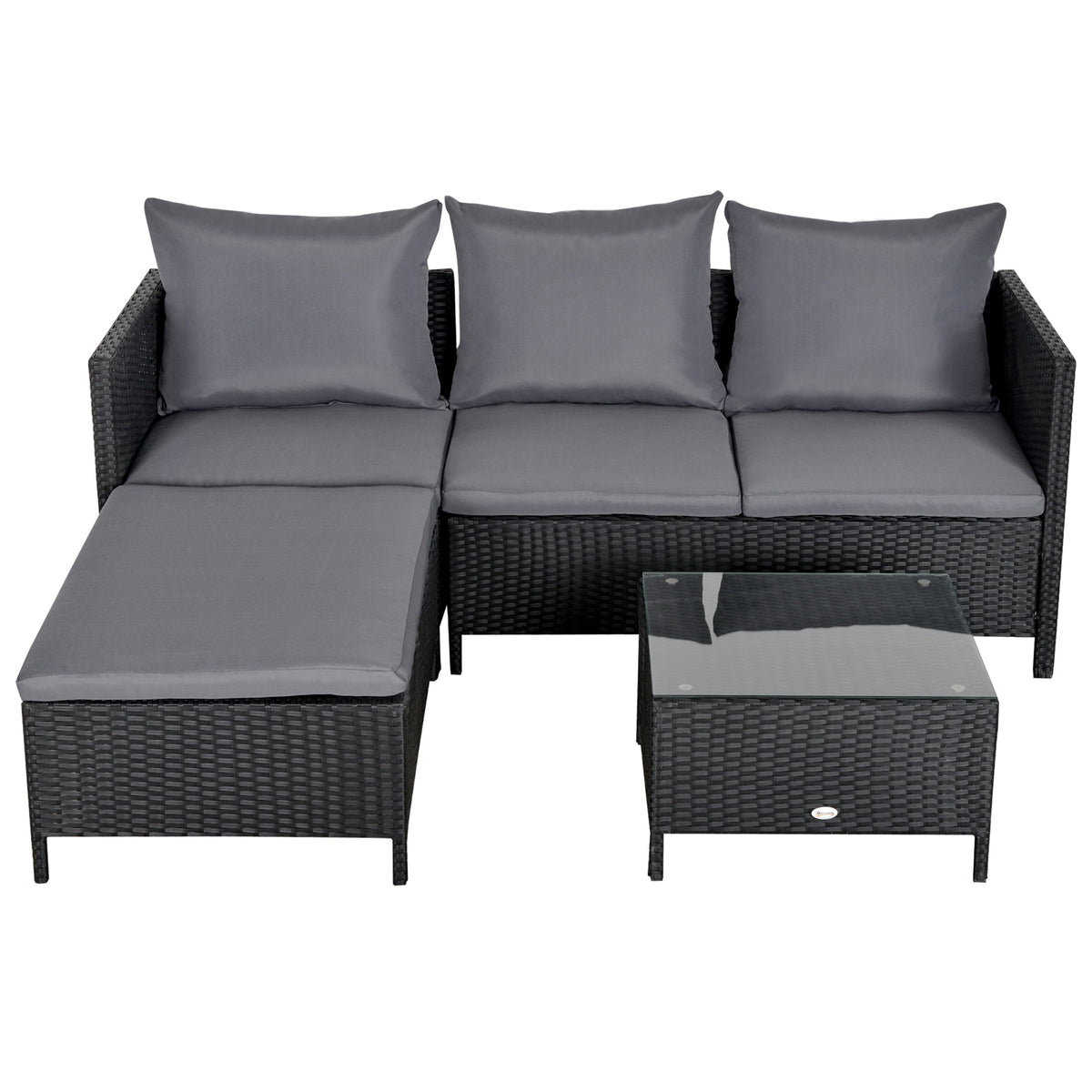 Conjunto de móveis de jardim 4 peças sofá duplo de vime mesa de centro banquinho com almofadas acolchoadas para ar livre estrutura de metal preto — foto 1