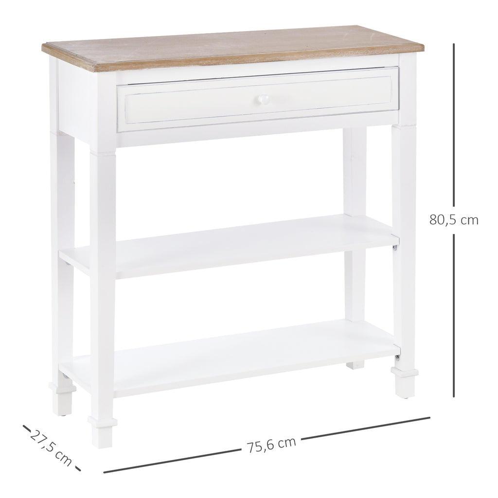 Mesa Consola Estilo Rétro Consola para Sala de Estar Corredor com 2 Prateleiras e 1 Gaveta 75,6x27,5x80,5 cm Branco e Madeira — foto 3