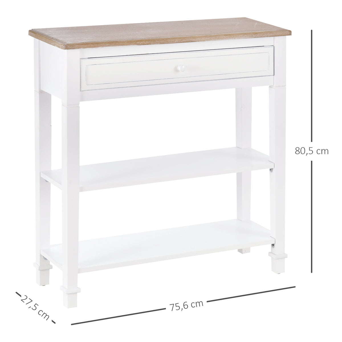 Mesa Consola Estilo Rétro Consola para Sala de Estar Corredor com 2 Prateleiras e 1 Gaveta 75,6x27,5x80,5 cm Branco e Madeira — foto 3