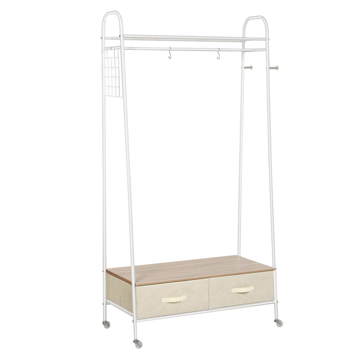 Suporte para Cabides de Metálico Cabideiro com Rodas Prateleira e 2 Gavetas para Organizar Roupas Bolsos Sapatos 99x47x185cm Branco — foto 1