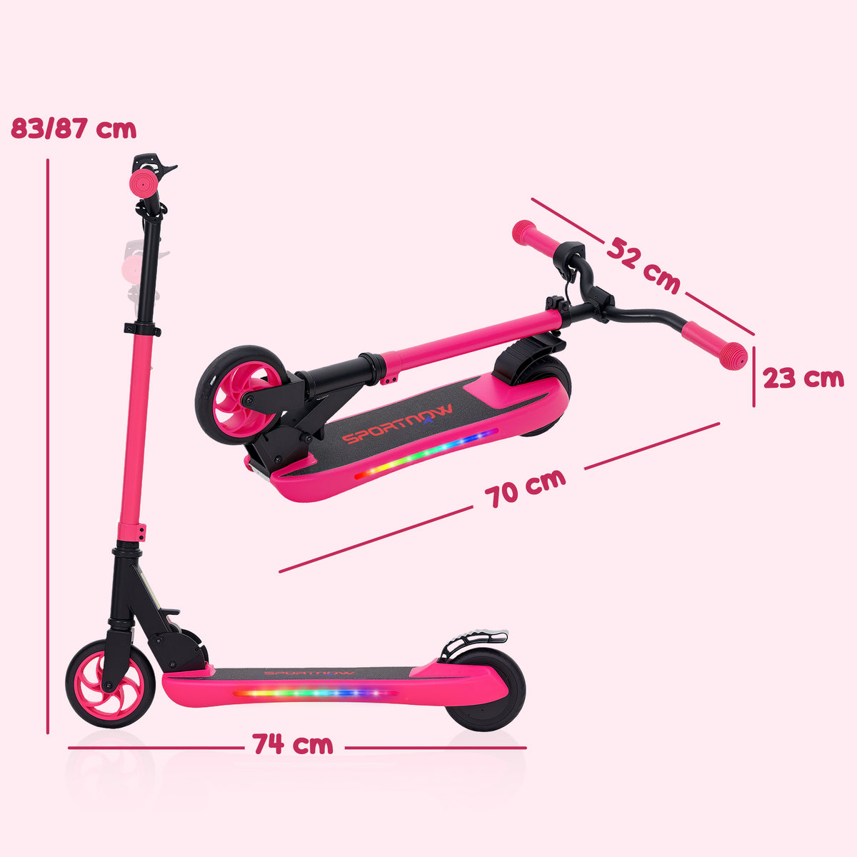 Trotinete Elétrica Dobrável para Crianças acima de 6 Anos Motor 120 W Autonomia 6 km e Máximo 10 km/h com Travão Altura Ajustável Luzes LED e Estrutura de Alumínio 74x52x83-87 cm Rosa — foto 3