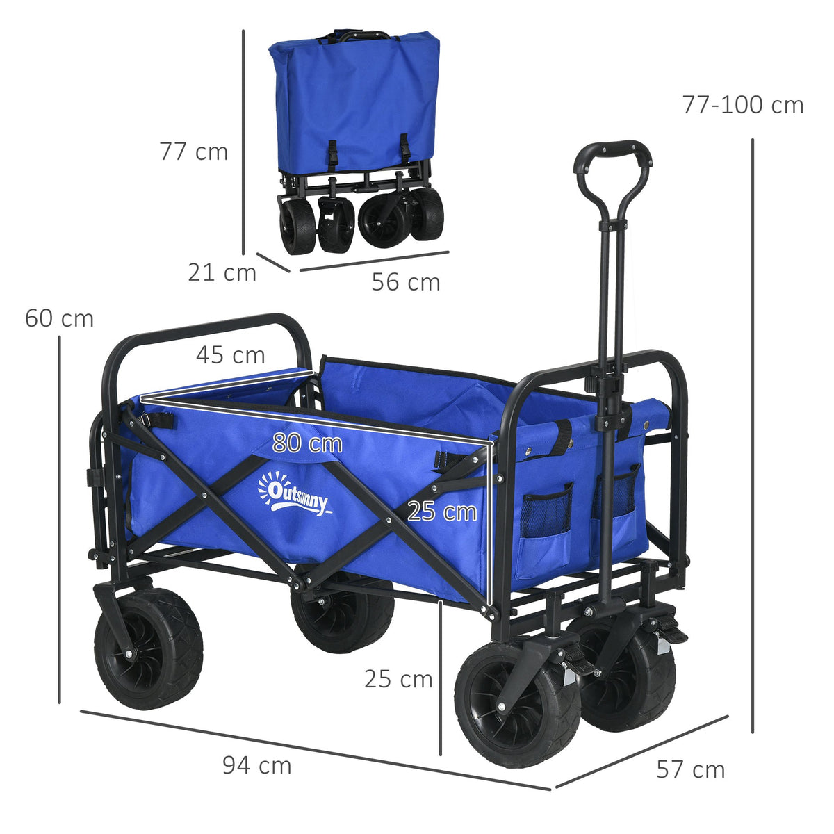 Carrinho de Transporte Carrinho Dobrável para Jardim com Comprimento e Ângulo do Guiador Ajustáveis e Bolsa de Transporte Capacidade 100 kg 99x57x77-100 cm Azul Escuro — foto 3