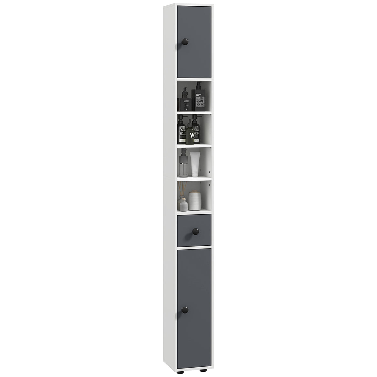 Coluna Casa de Banho Moderna Móvel Auxiliar Casa de Banho com 1 Gaveta 5 Prateleiras Ajustáveis e 2 Armários Móvel de Armazenamento Sala de Estar Cozinha Carga 30 kg 20x20x180 cm Cinza Branco — foto 1