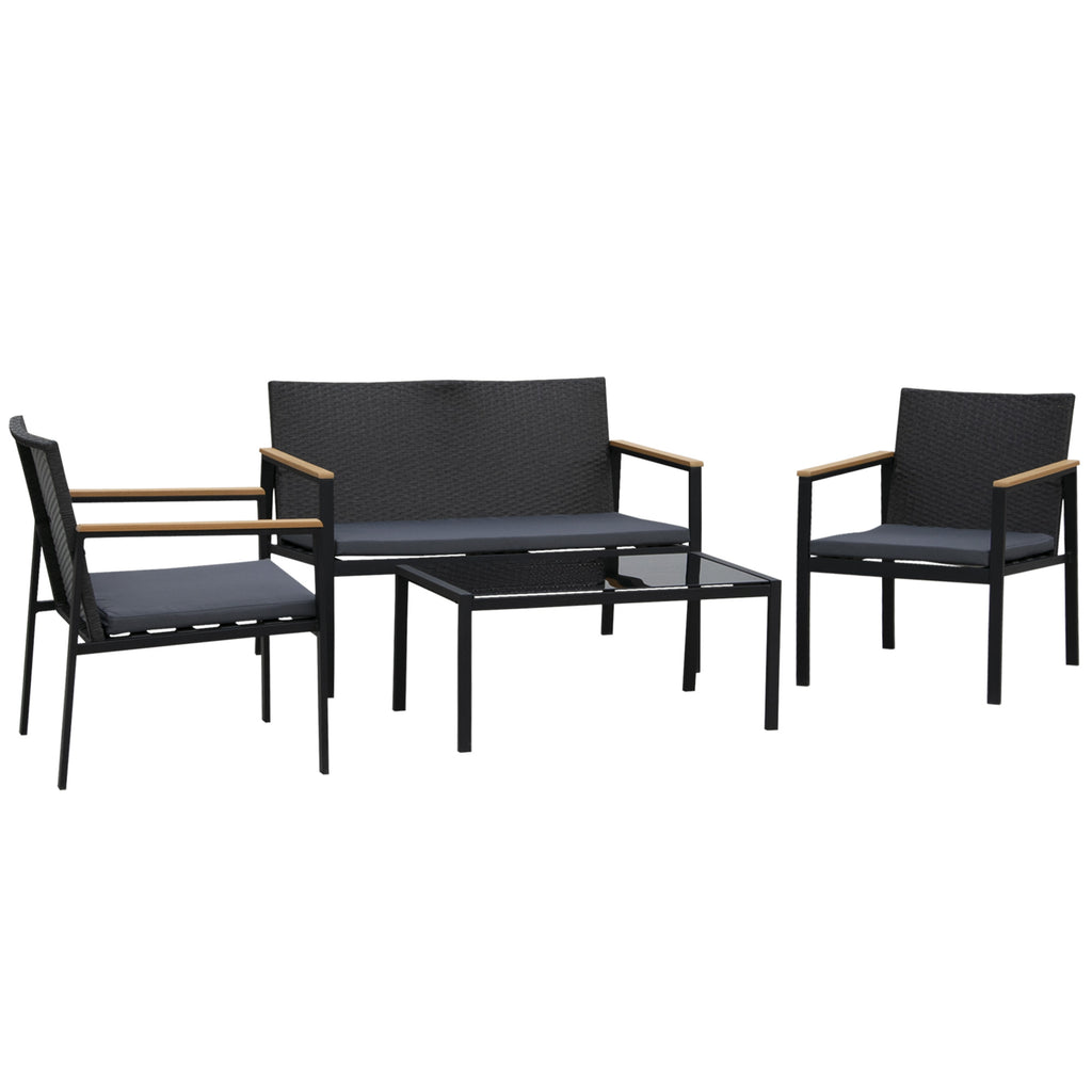 Conjunto de Móveis de Vime e 4 Peças com Almofadas Acolchoadas 2 Poltronas 1 Sofá Duplo e Mesa de Centro com Vidro Temperado para Jardim Varanda Preto — foto 1
