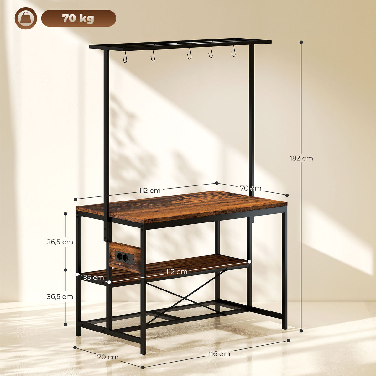 Estante de Cozinha com Tomada de Corrente Estante de Cozinha Estilo Industrial com Prateleiras Ganchos Móvel Auxiliar para Sala de Jantar 116x70x182 cm Marrom Rústico — foto 3