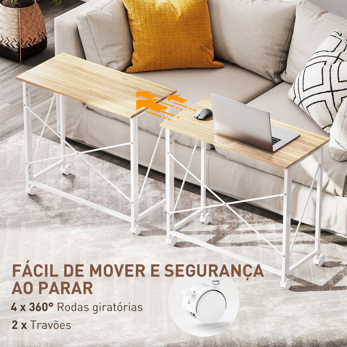 Secretária Dobrável com Rodas Mesa de Secretária Compacta Mesa para Computador Portátil para Casa Escritório Espaços Pequenos 80x40x75 cm Madeira e Branco — foto 5