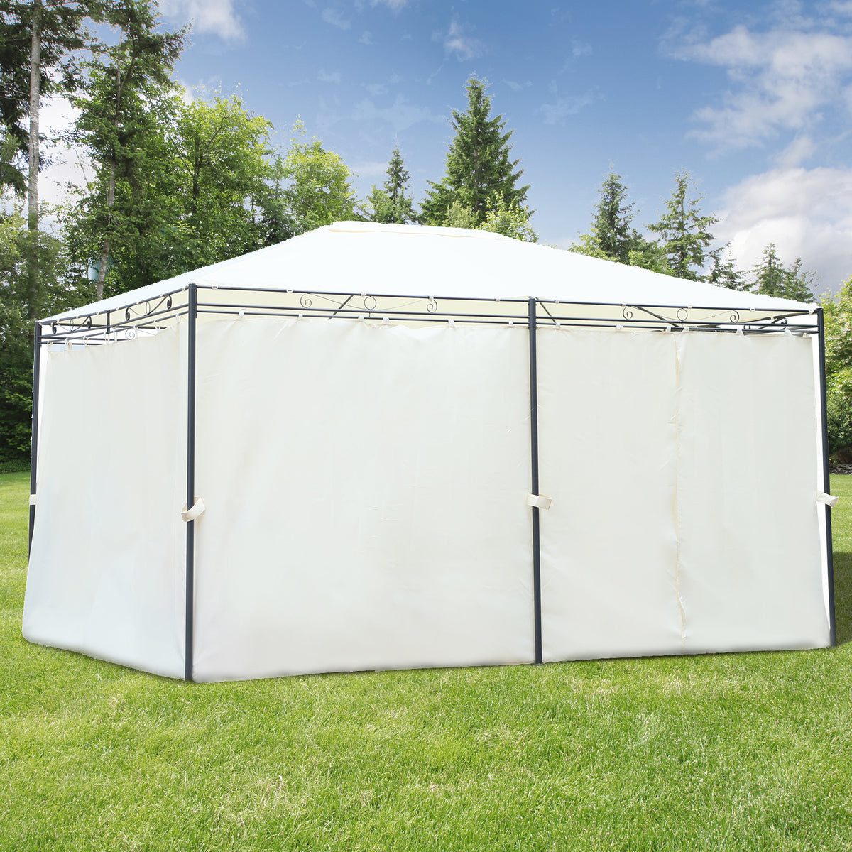Pavilhão Exterior 4x3x2.55m Carpa de Jardim com Tecido Poliéster Resistente aos Raios UV Marco de Ferro com Parede Lateral Cor Creme — foto 2