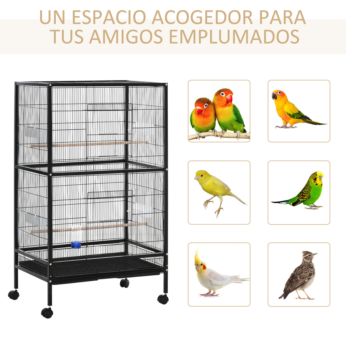 Gaiola para Pássaros com 4 Rodas Gaiola para Pássaros Metálica com Múltiplas Portas 4 Comedouros Bebedouro 2 Poleiros e Bandeja para Louros Canários Periquitos 79x52x137cm Preto — foto 4